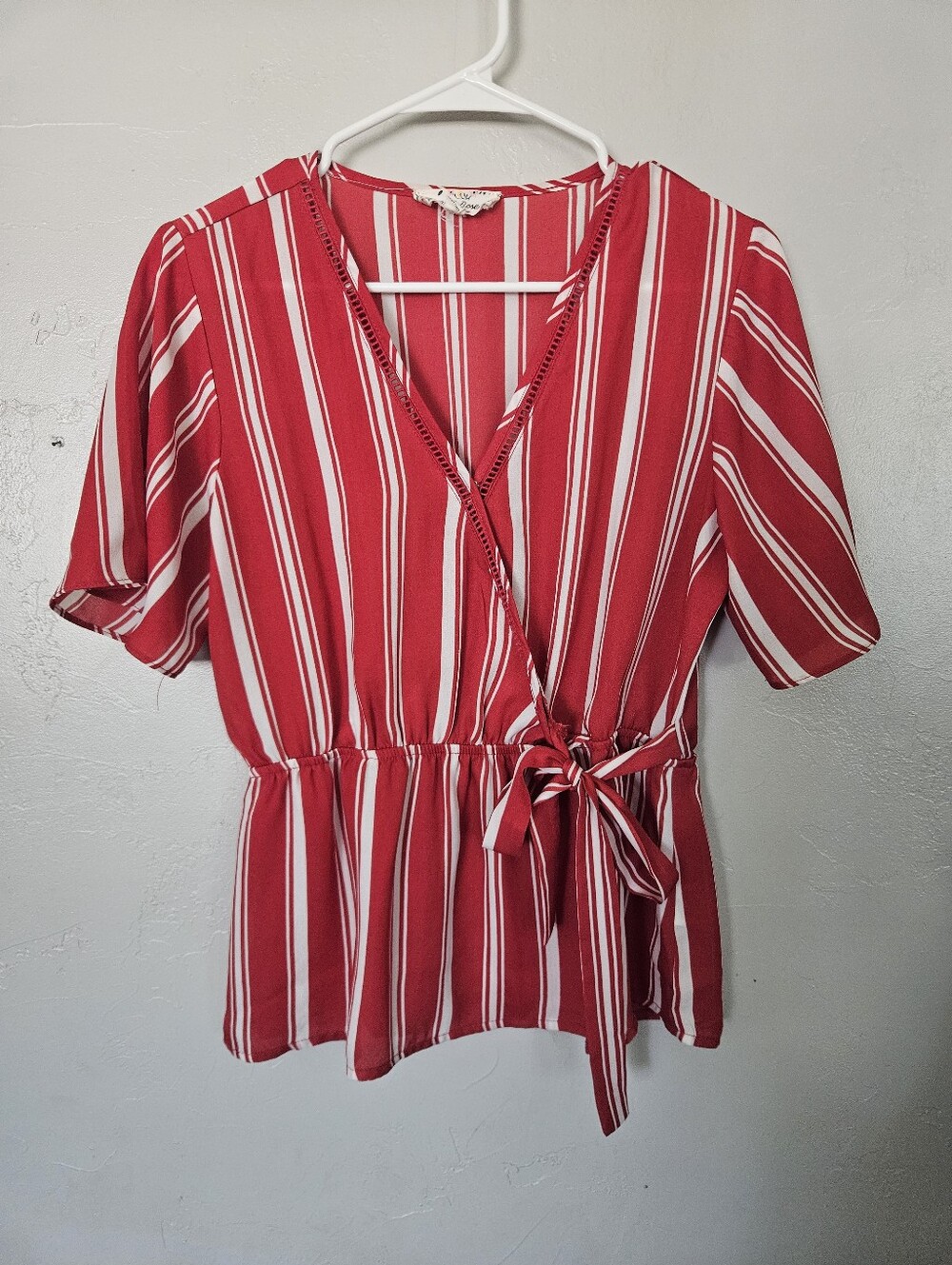 Pink Rose Medium Red and White Striped Faux Wrap Peplum Blouse Top V-neck Girly